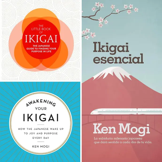 A collage of Ken Mogi's ikigai book covers